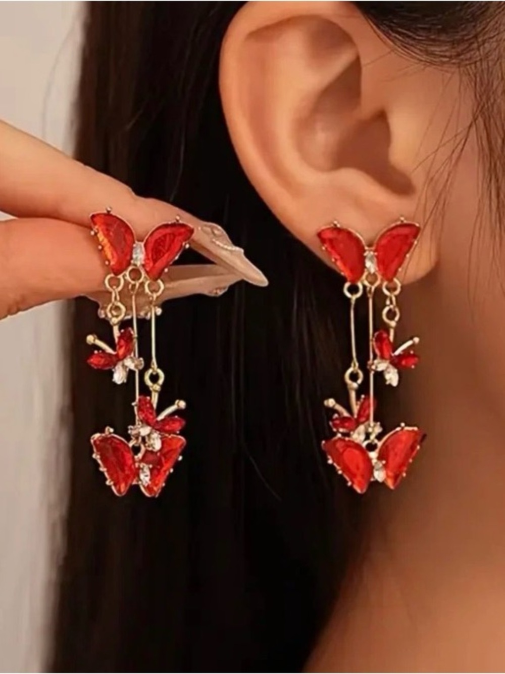 Jeweled Red Butterfly Dangling Earrings
